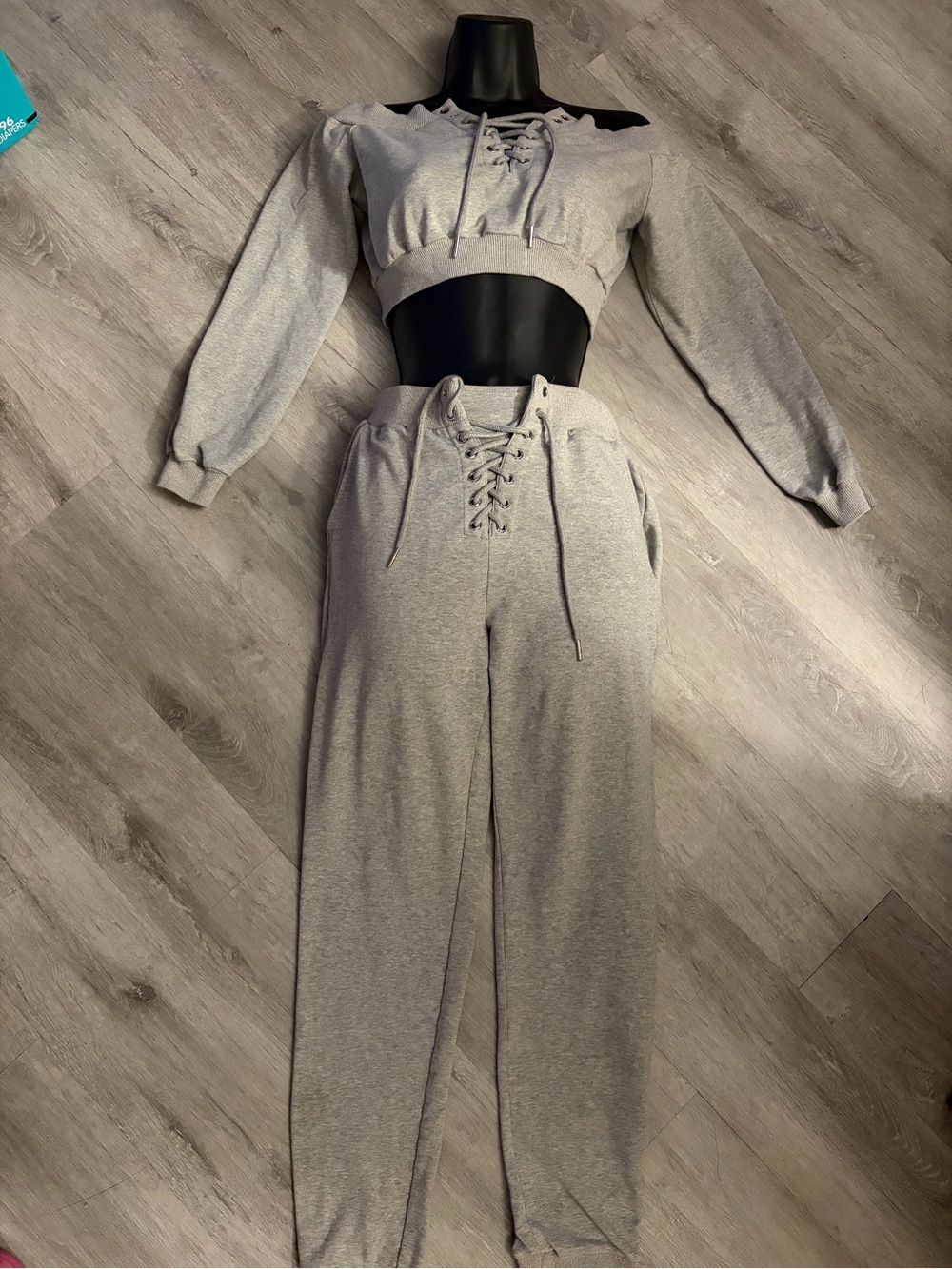 Women's Gray Lace-Up Sweatsuit Pants & Crop Top